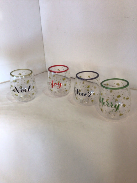 Christmas Clear/Multi Plastic Glasses Set of 4 Holiday Item