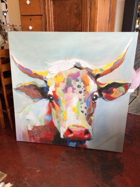 Blue/Multi Cow Stretch Canvas Art