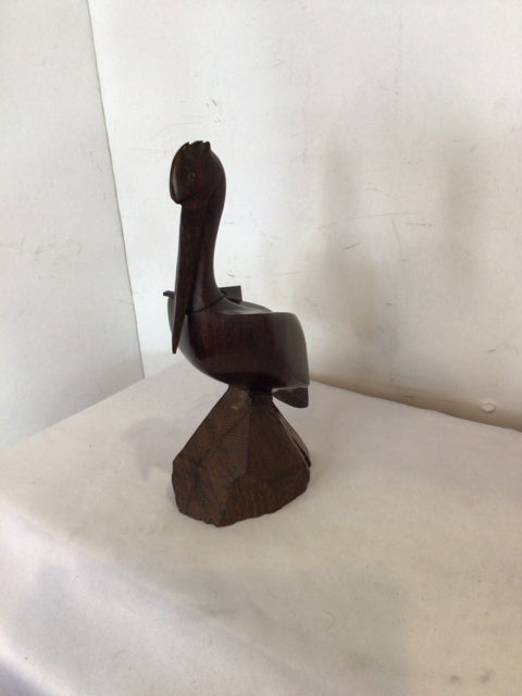 Hand Carved Brown Wood Pelican Sculpture