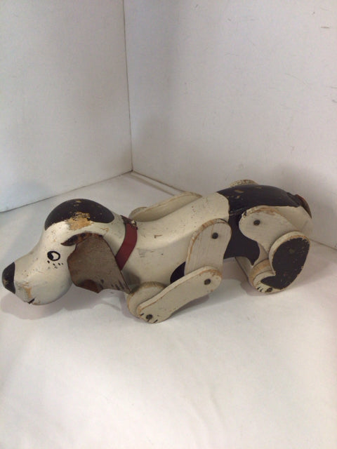 Whimsical Cream/Brown Wood Dog Rolling Statue