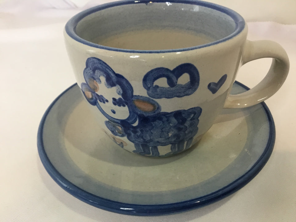 M.A. Hadley 2 Piece Gray/Blue Stoneware Cup/Saucer