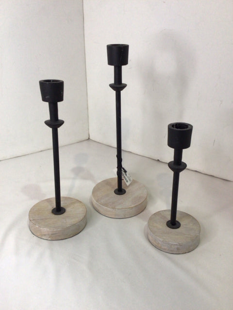 Set of 3 Tan/Black Wood/Metal Candle Holders