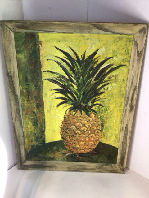 Signed Vintage Green/Yellow Painting Pineapple Still Life Framed Art