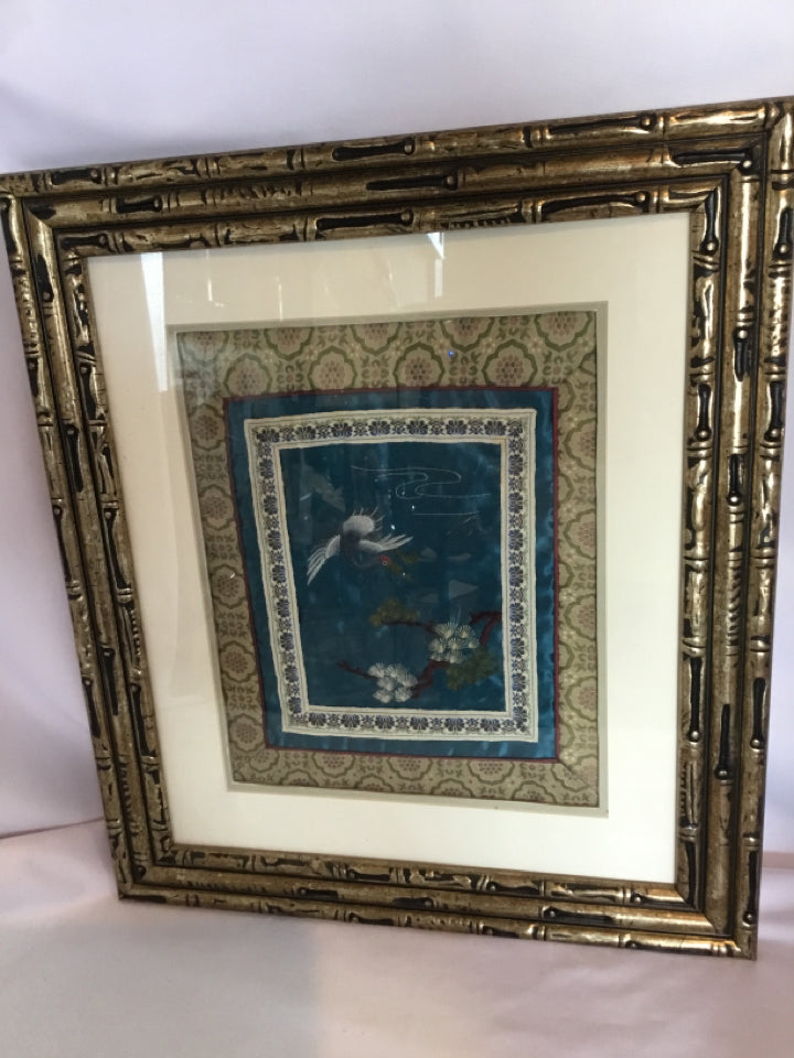 Vintage Chinese Blue/Gold Silk Embroidered Framed Art