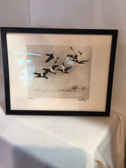 Signed Black/White Mallard Ducks Framed Art