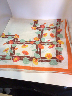 Vintage White/Orange Cotton Floral As Is Tablecloth
