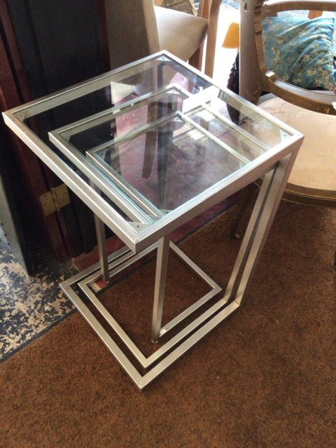 Nesting Metal/Glass Set of 3 Silver Table