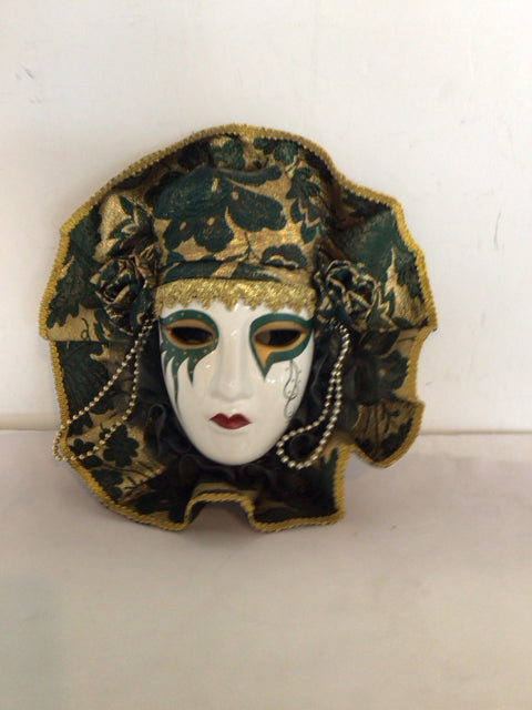White/Green Ceramic Brocade Mask Wall Hanging Art