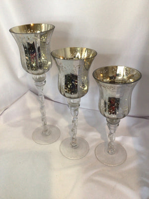 Set of 3 Silver Mercury Glass 3 Sizes Candle Holders