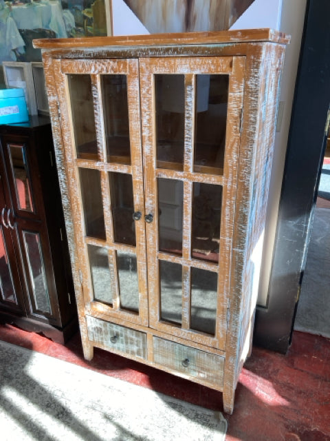Brown/White Wood/Glass Distressed 2 Door Cabinet