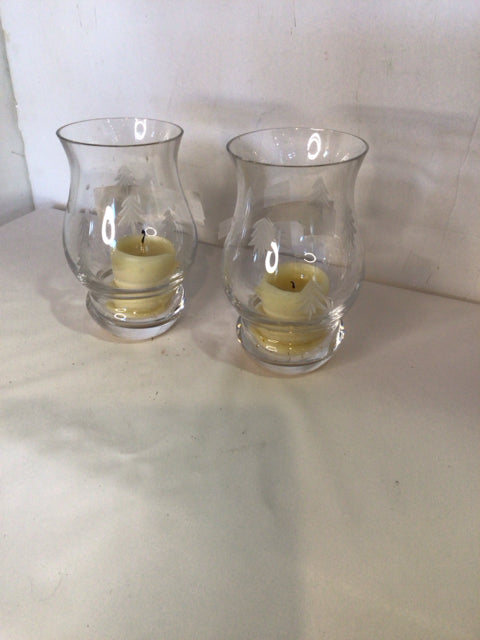 Pair Clear/White Etched Glass Candle Holders