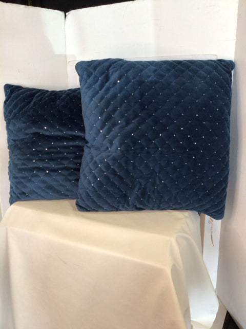 Pair Blue Velvet Diamond Pillow Set