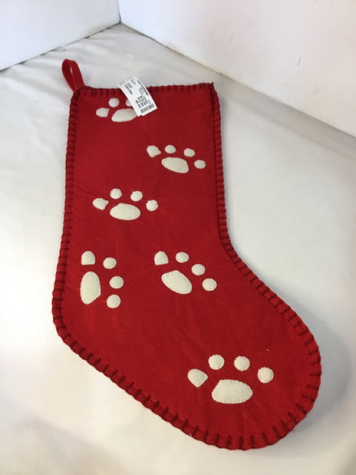 Stocking Red/white Velvet Paw Prints Holiday Item