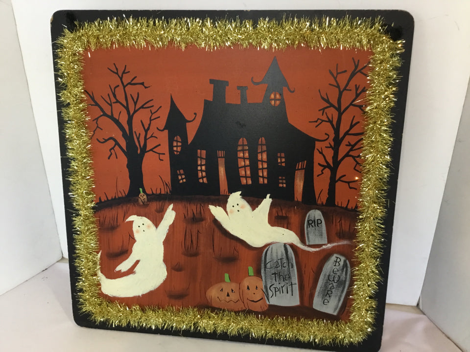 Halloween Orange/Black Wood Wall Hanging Ghost Holiday Item