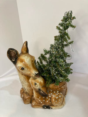 Vintage Planter Brown/Green Resin Deer Christmas Tree Holiday Item