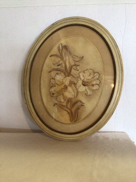 Vintage Oval Cream/Brown Lillies Framed Art
