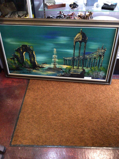 Signed Greek Green/Gold Oil painting Architectural Fountain Framed Art
