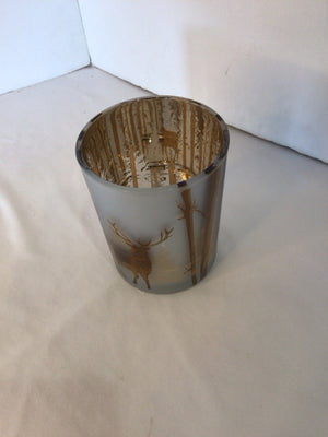 Christmas White/Gold Glass Candle Holder Deer Holiday Item