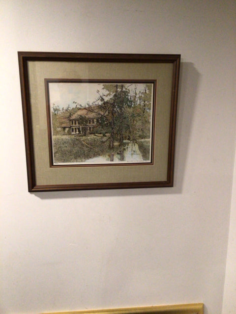 Signed Print Green/Brown Landscape House Framed Art