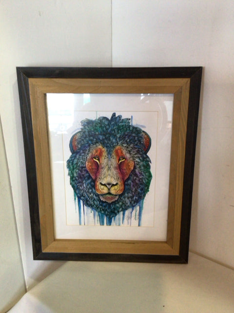 Signed Blue/Multi Lion Framed Art