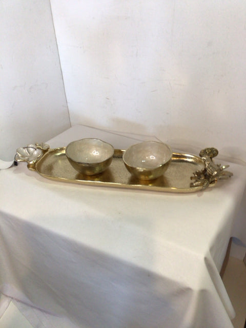 3 Piece Gold/White Metal w/bowl Tray