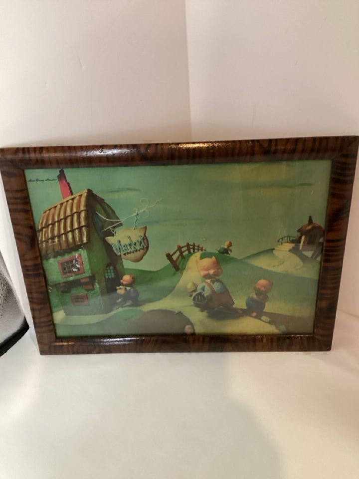 Vintage Green/multi Pig Framed Art