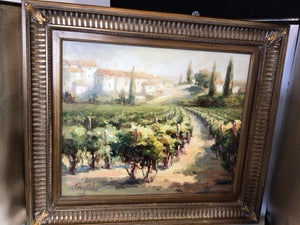 Signed Painting Green/Brown Canvas Vineyards Framed Art