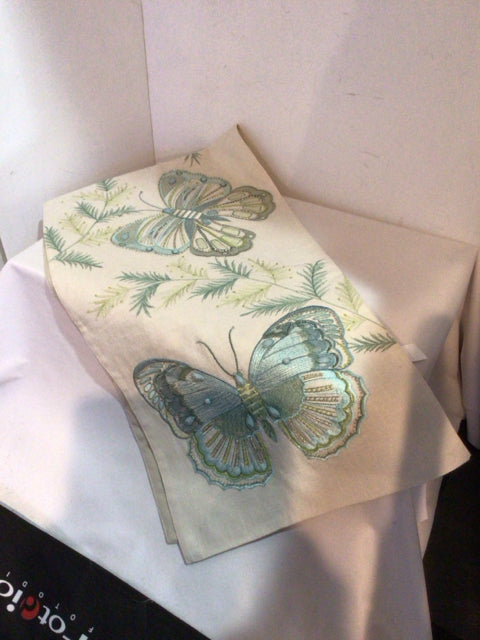 PIER 1 Cream/Blue Cotton Butterflies Table Runner