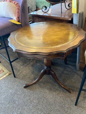 Vintage Wood Pedestal Leather Top Brown Table