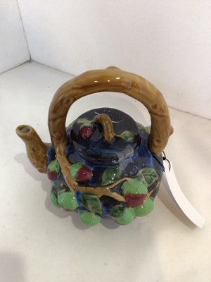 Majolica Blue/Brown Ceramic Fruit Tea Pot