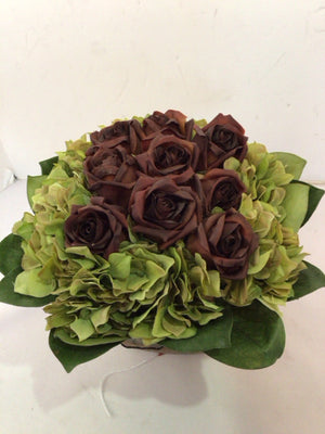 Green/Purple Roses In Planter Faux Flowers