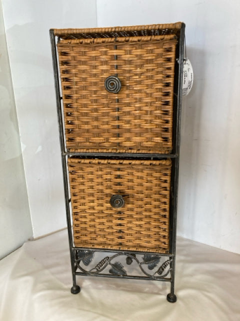 Rattan Wrought Iron 2 Drawers Organizer Black/Tan Table