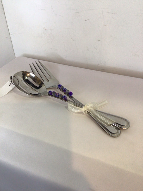 Silver/Purple Metal Fork and Spoon Serving Pieces