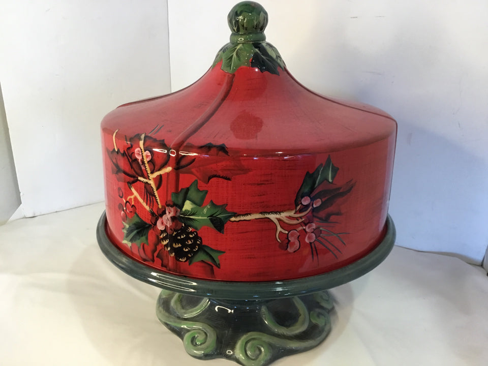 Tracy Porter Cake Stand/Dome Red/Green Ceramic Holiday Item