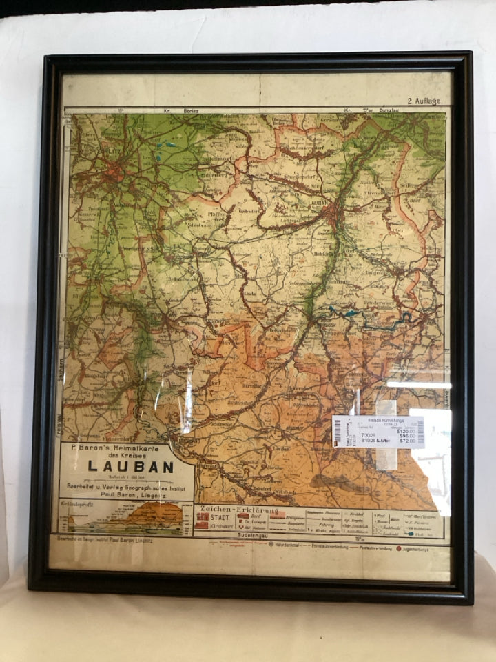 Vintage German Orange/Green Map Framed Art