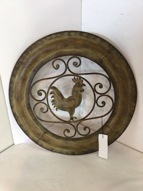 Green Metal Rooster Round Wall Hanging Art