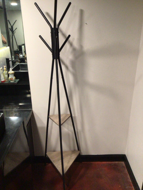 2 Shelves Wood/Metal Tiered Black/Tan Hall Tree