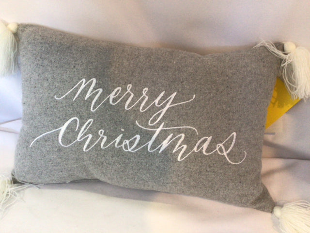 Pillow Gray/White Polyester Merry Christmas Tassel Holiday Item