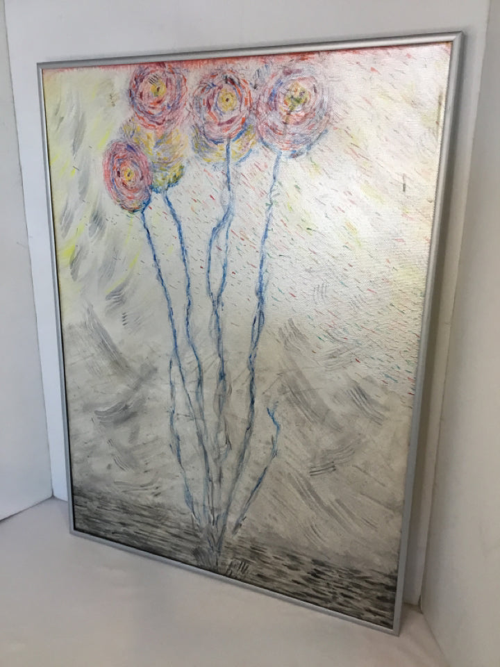 Abstract White/Multi Flowers Original Framed Art