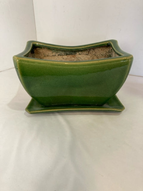 Mid-Century Green Ceramic W/Tray Planter