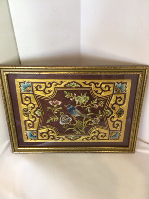 Brown/Gold Crewel Silk Bird Framed Art