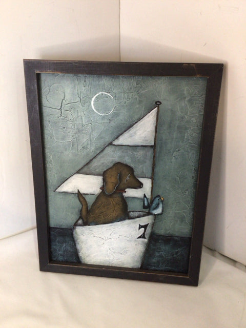 Gray/Brown Dog Sailboat Framed Art