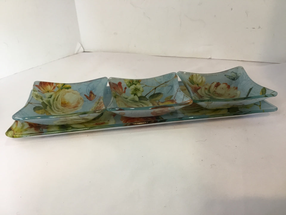 Lisa Audit 4 Piece Set Blue/Multi Glass Floral Plate Set
