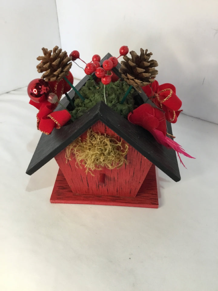 Planter Red/Black Wood Birdhouse Holiday Item
