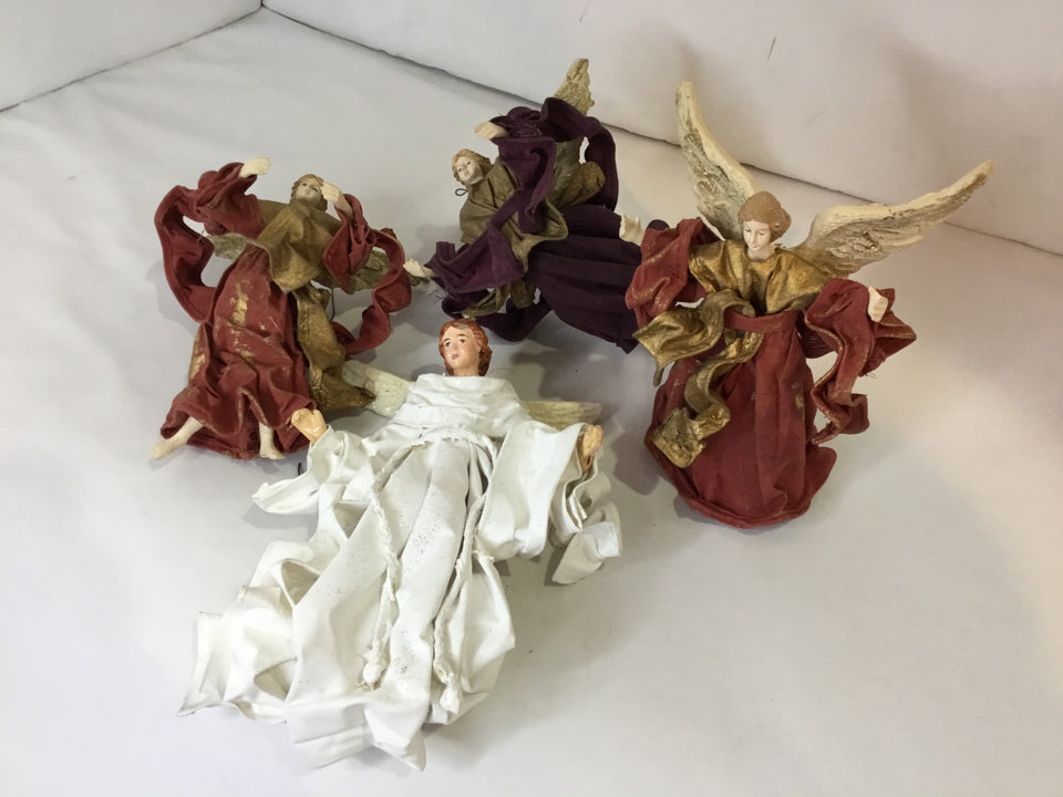 Set of 4 Multi-Color Paper Mache Angels Ornaments Holiday Item