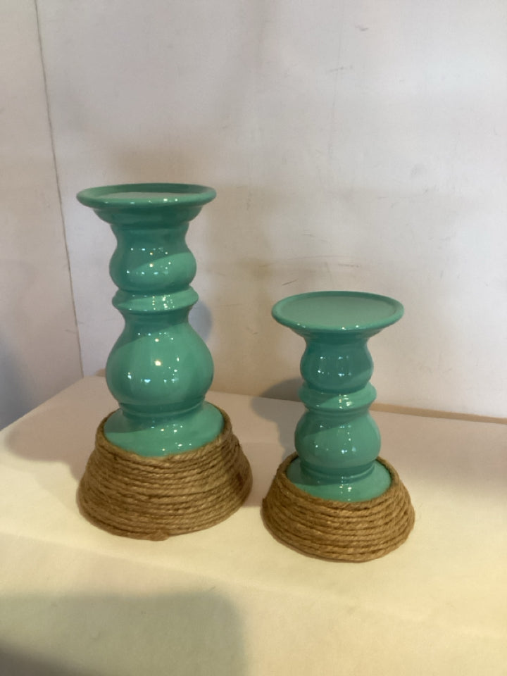 Pair Aqua Ceramic Candle Sticks