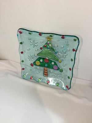 Plate Clear/Multi Glass Christmas Tree Holiday Item