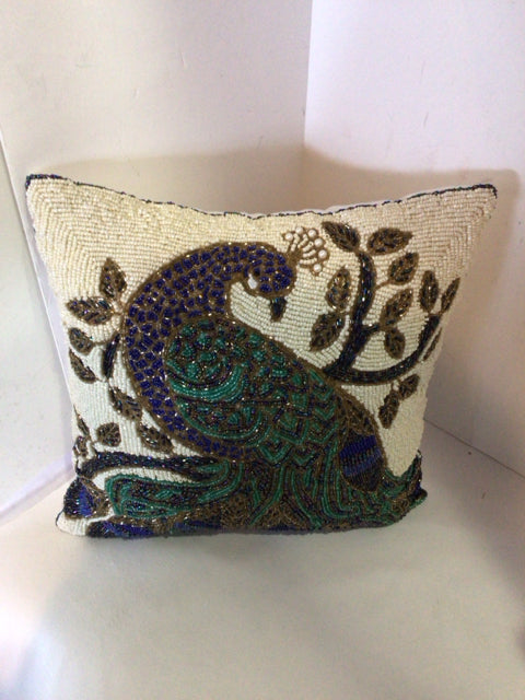 Multi-Color Beaded Peacock Pillow