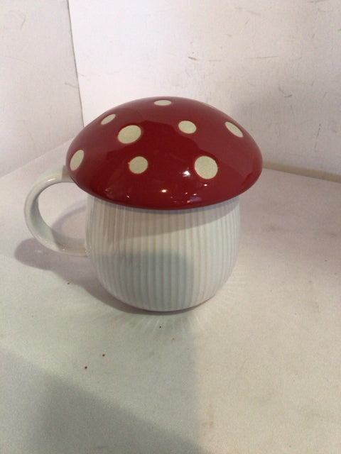 World Market Lidded White/Red Ceramic Mushroom Mug