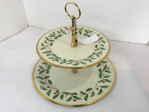 Lenox Christmas White/Green Ceramic/Metal Tiered Tray Holiday Item